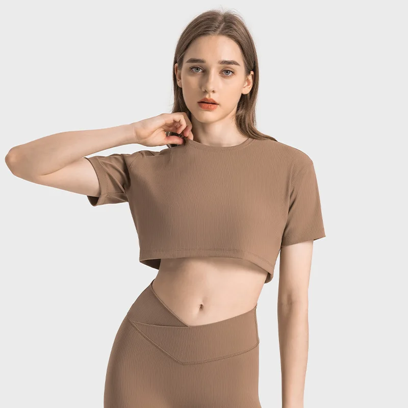 Threaded Loose Yoga Sports T-shirt Women's Top Short Sleeve Gym Sexy Short Waist Show Elastic Solid Color Fitness T-shirt Outdoo
Threaded Loose Yoga Sports T-shirt Women's Top Short Sleeve Gym Sexy Short Waist Show Elastic Solid Color Fitness T-shirt Outdoo