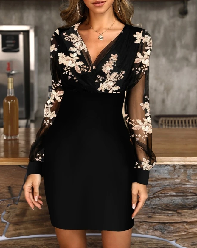 

Elegant Dress for Women 2023 Autumn Fashion Floral Sequin Sheer Mesh Patch V-Neck Party Dress Dating Skinny Jacquard Skirts