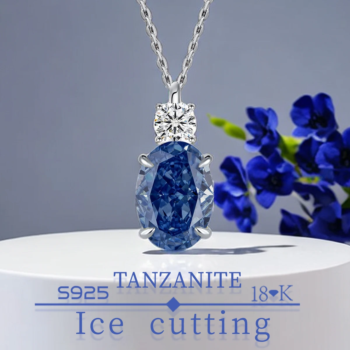 

S925 silver plated platinum and golden Oval pendant Classic style simple four-claw Excellent ice cut Tanzanite blue zircon