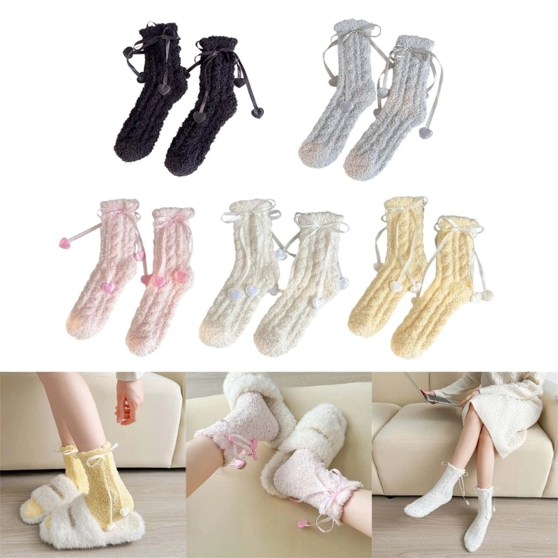 

Women Heart Bowknot Solid Color Fuzzy Plush Socks Winter Warm Thicken Coral Fleece Sleep Socks Thermal Slipper Sock M6CD