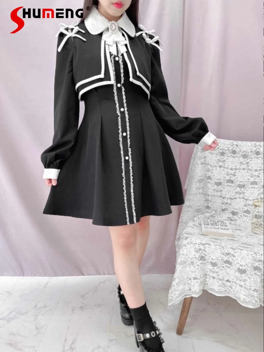 

Japanese Rojita Ruffles Long Dress Women Elegant 2024 Spring New Mine Series Sweet High Waist Long Sleeve Bowknot Plaid Dresses