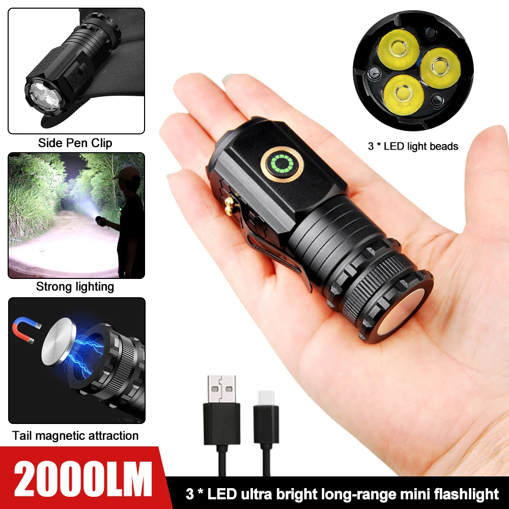 

Мощный мини-фонарик для повседневного использования P35, светодиодный фонарик 2000 лм, суперъяркий брелок, яркий фонарь для кемпинга с USB-зарядкой и аккумулятором