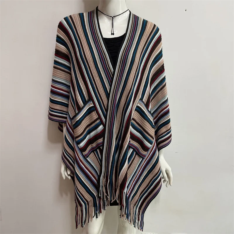 

spring Autumn Imitation Cashmere Big Fork Shawl Men Women European American Scarf Stripe Pocket Cloak Shawl Pink