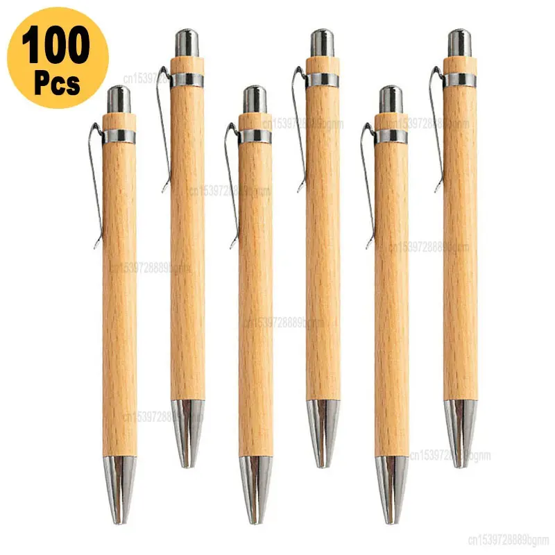 

100Pcs Set Retractable Bamboo Wood Ballpoint Pen 1.0mm Tip Blue Black Ink Business Signature Ball Pen Office Writing Stationery