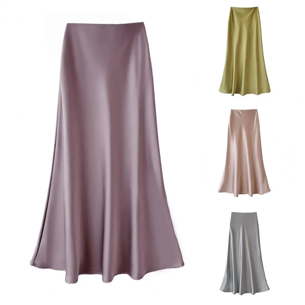 

Women High Waist Midi Skirt Elegant Satin A-line Fishtail Midi Skirt for Women High Waist Solid Color Hem Skirt Stylish Workwear