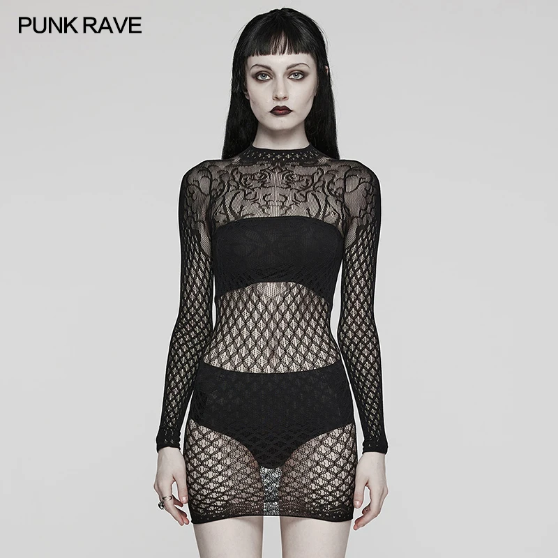 

PUNK RAVE Women's Gothic Vine Pattern Mysterious Knitted Black Dress Hollowed Out Back Club Sexy Mini Dresses Summer