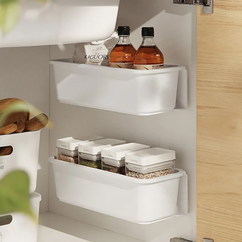 

Caja de almacenamiento de cocina montada en la pared, organizador de cajón sin perforaciones, soporte de baño para fregadero,