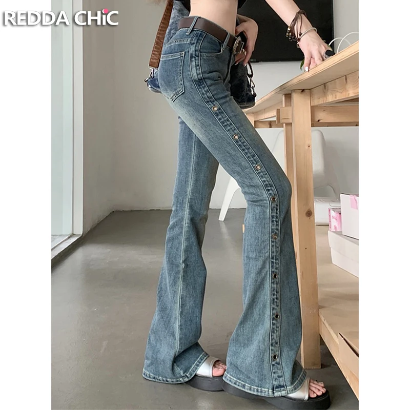 

REDDACHiC Metal Eyelet Flare Jeans Women Korean High Rise Blue Wash Slim Fit Stretch Spliced Bootcut Denim Pants Vintage Clothes