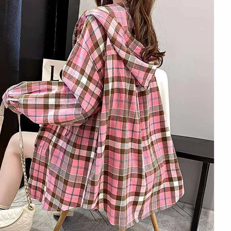 

Women Spring Autumn New Vintage Hong Kong Flavor Hooded Plaid Blouse Tops Female Korean Loose Fitting Brushed Thickened Shirts