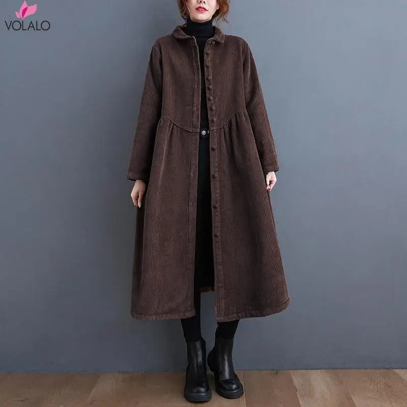 

VOLALO long sleeve corduroy oversized vintage hooded casual loose autumn spring winter trench coat for women clothes Outerwear