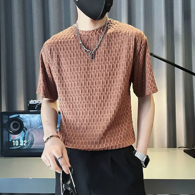 

2023 Summer Men's Clothing Trend Slim Fashion Casual Short Sleeve Round Neck Solid Color Jacquard Weave Korean Version T-shirt