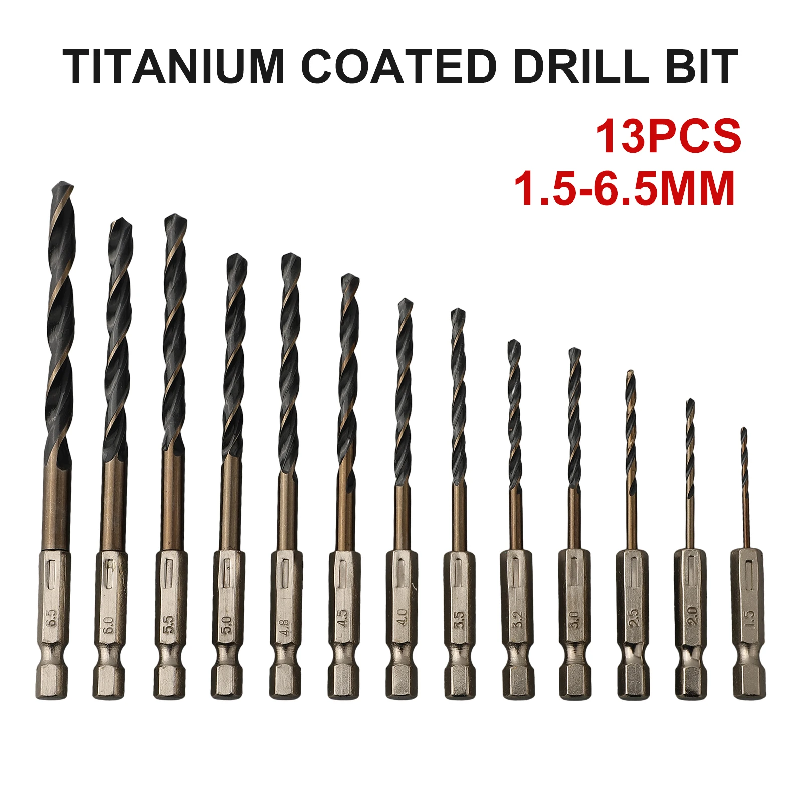 Drills Drill Bit Coated 1.5-6.5mm 1/4 Hex Shank 13pcs 6.35mm Shank Accessory Adapter High Speed Steel
Drills Drill Bit Coated 1.5-6.5mm 1/4 Hex Shank 13pcs 6.35mm Shank Accessory Adapter High Speed Steel