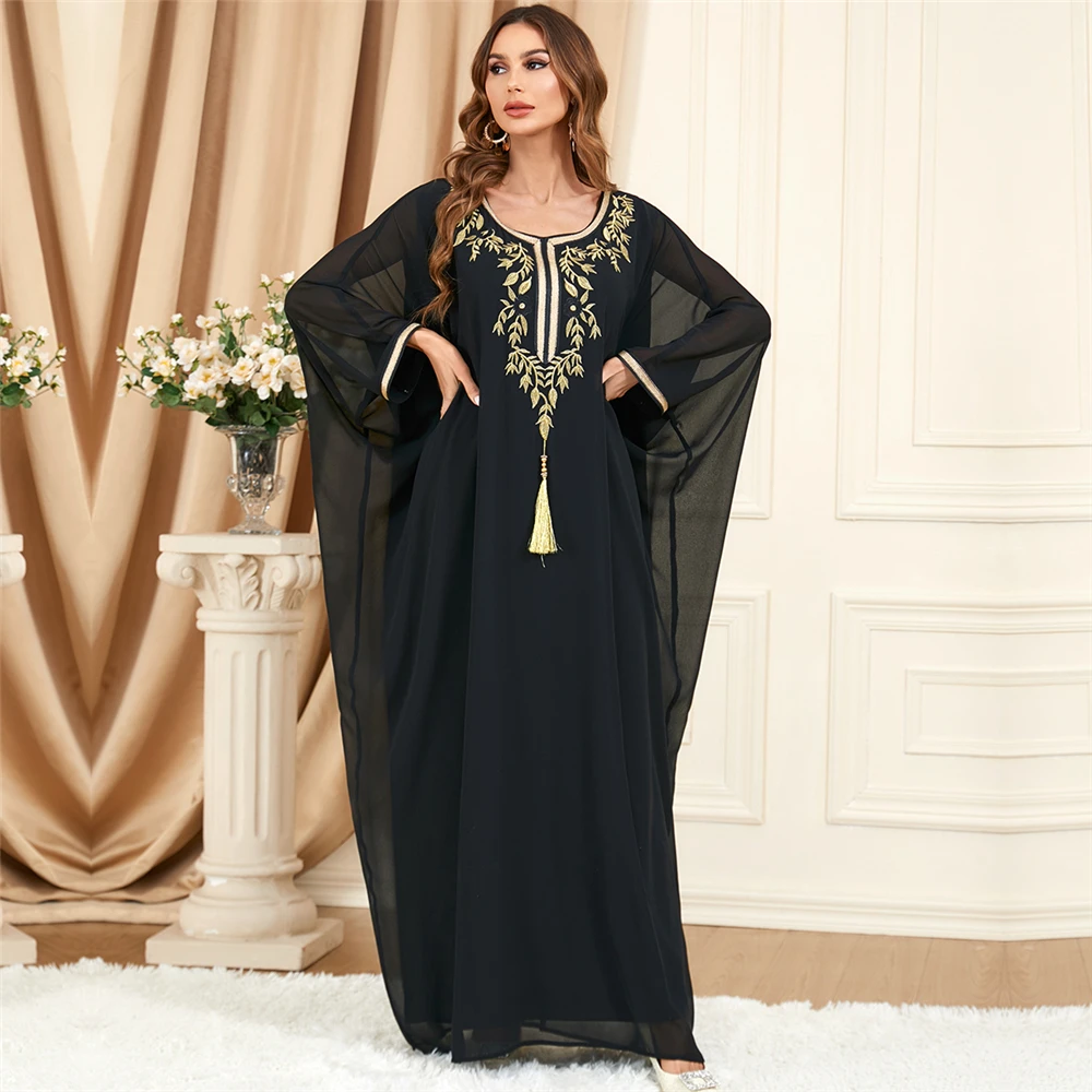 

Черная абайя с вышивкой для 2024, мусульманское женское Свободное платье с рукавом летучая мышь, Турция, Дубай, ИД, Рамадан, кафтан, мусульманский халат, одежда Jalabiya