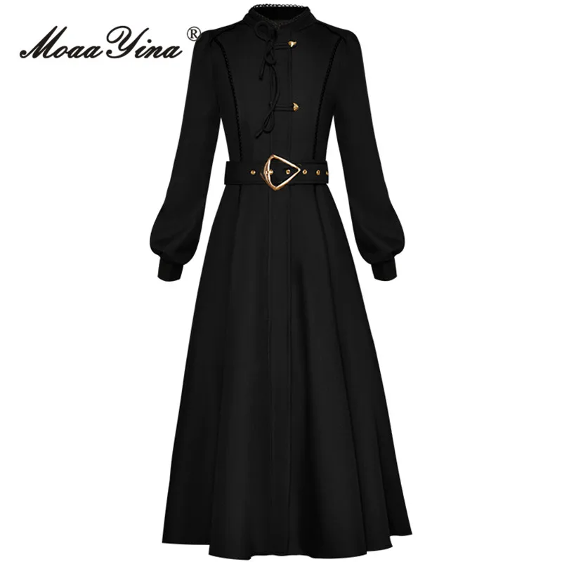 

MoaaYina Autumn Fashion Runway Black Vintage Party Dress Women Stand Collar Button Pockets Sashes Gathered Waist Slim Long Dress
