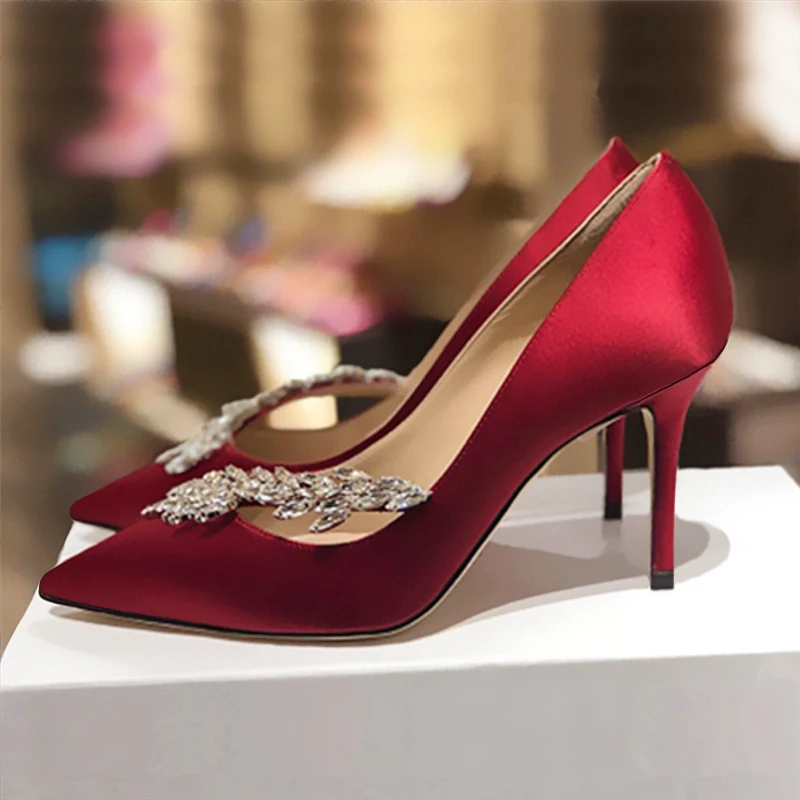 

European and American wheat ear-shaped rhinestone buckle silk satin stiletto shoes pointed toe bridesmaid wedding shoes