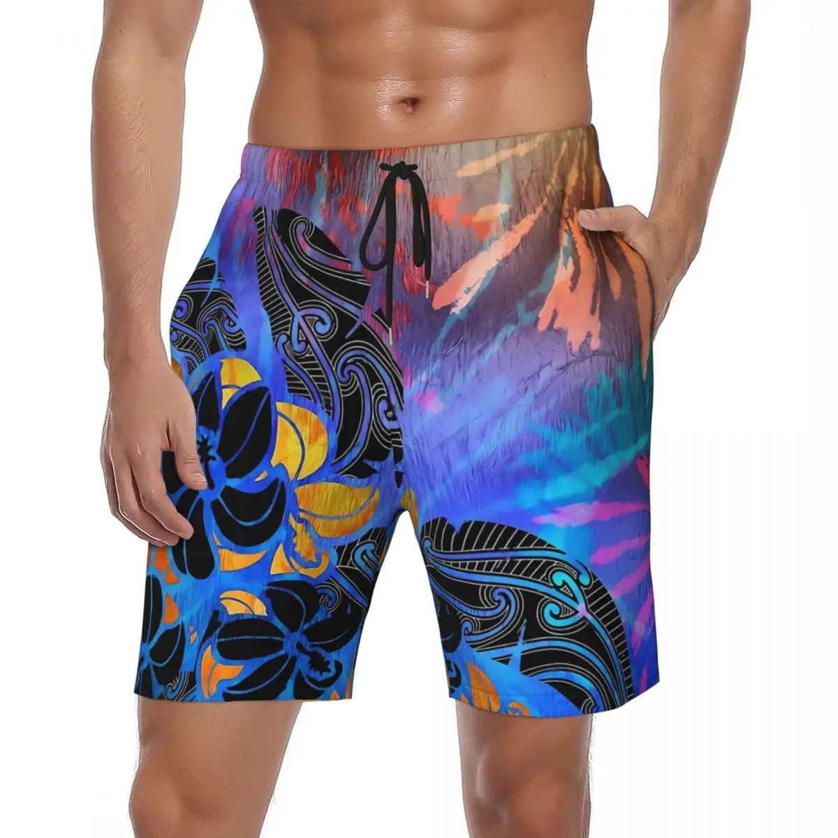 

Hibiscus Tie Dye Gym Shorts Summer Colorful Print Surfing Beach Short Pants Man Comfortable Hawaii Plus Size Swimming Trunks