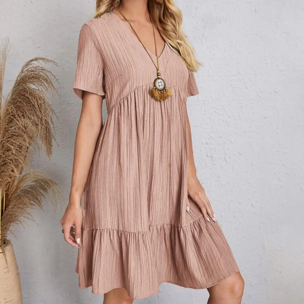 

Women Summer Dress V Neck Short Sleeves Pleated Loose Hem Patchwork Dress-up Pullover A-line Summer Mini Dress Female Garment