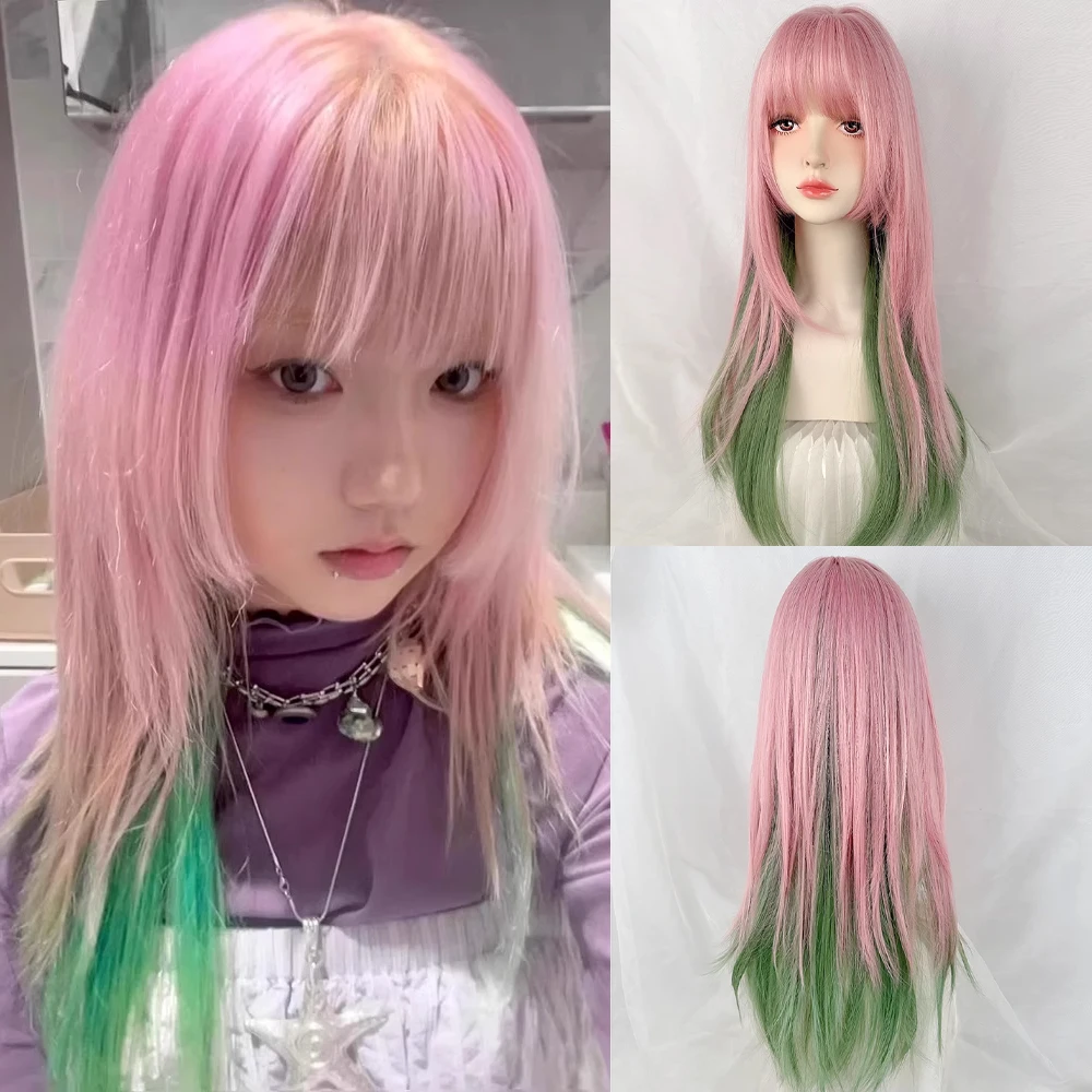 

VICWIG Synthetic Long Straight Ombre Pink Green Blend Layered Wig with Bangs Lolita Cosplay Women Hair Wig for Daily Party