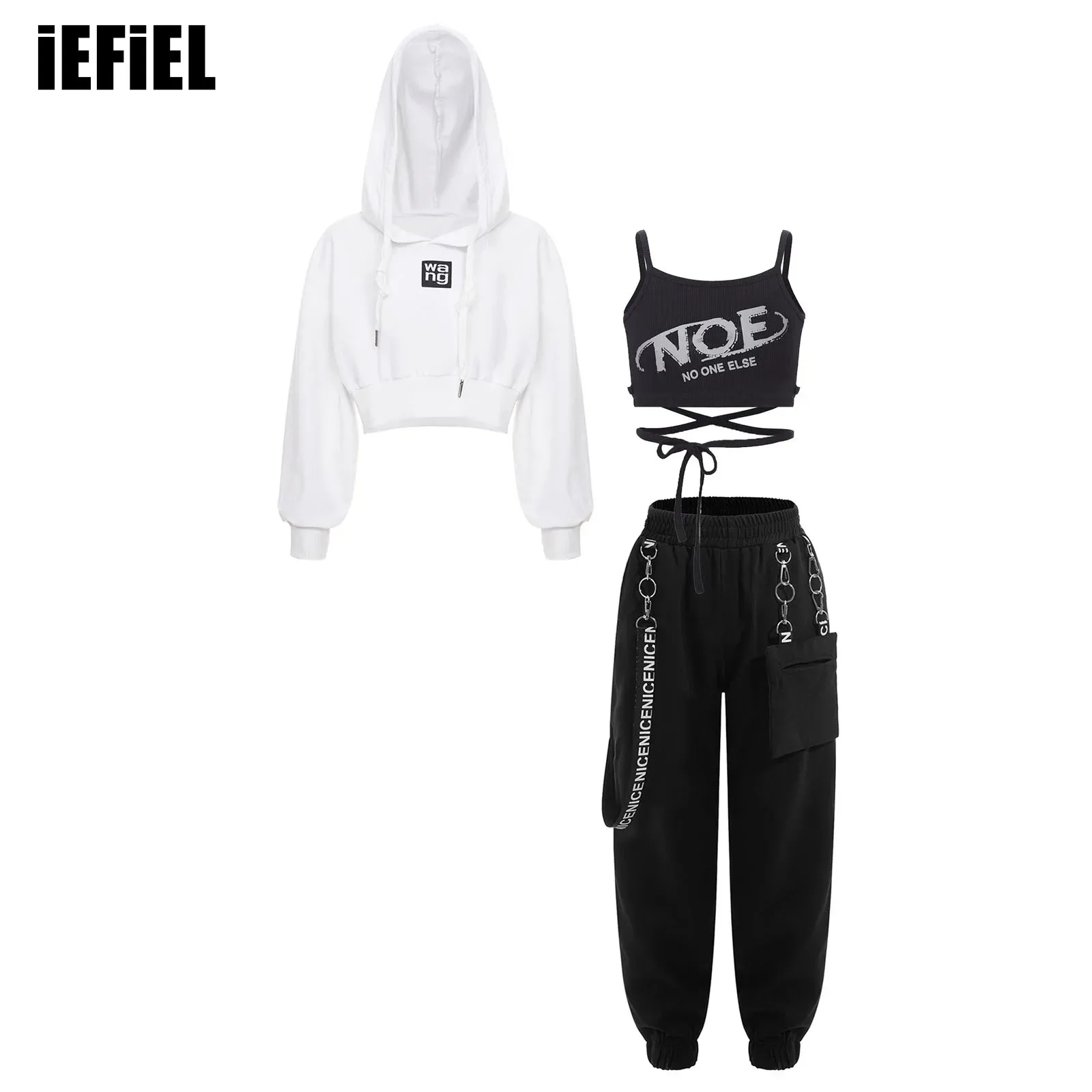 

Kids Girls Letter Print Dance Sets Hip-Hop Jazz Spaghetti Straps Lace-up Vest Cropped Hoodie Drawstring Metal Chain Pocket Pants