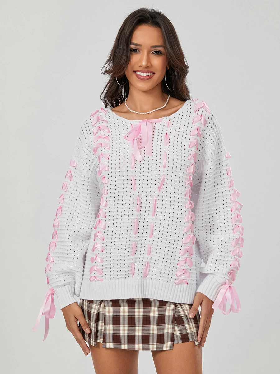 

Женский свитер Y2k, вязаный крючком пуловер с V-образным вырезом и длинным рукавом, пуловер с открытыми плечами, джемпер, милые топы с бантом