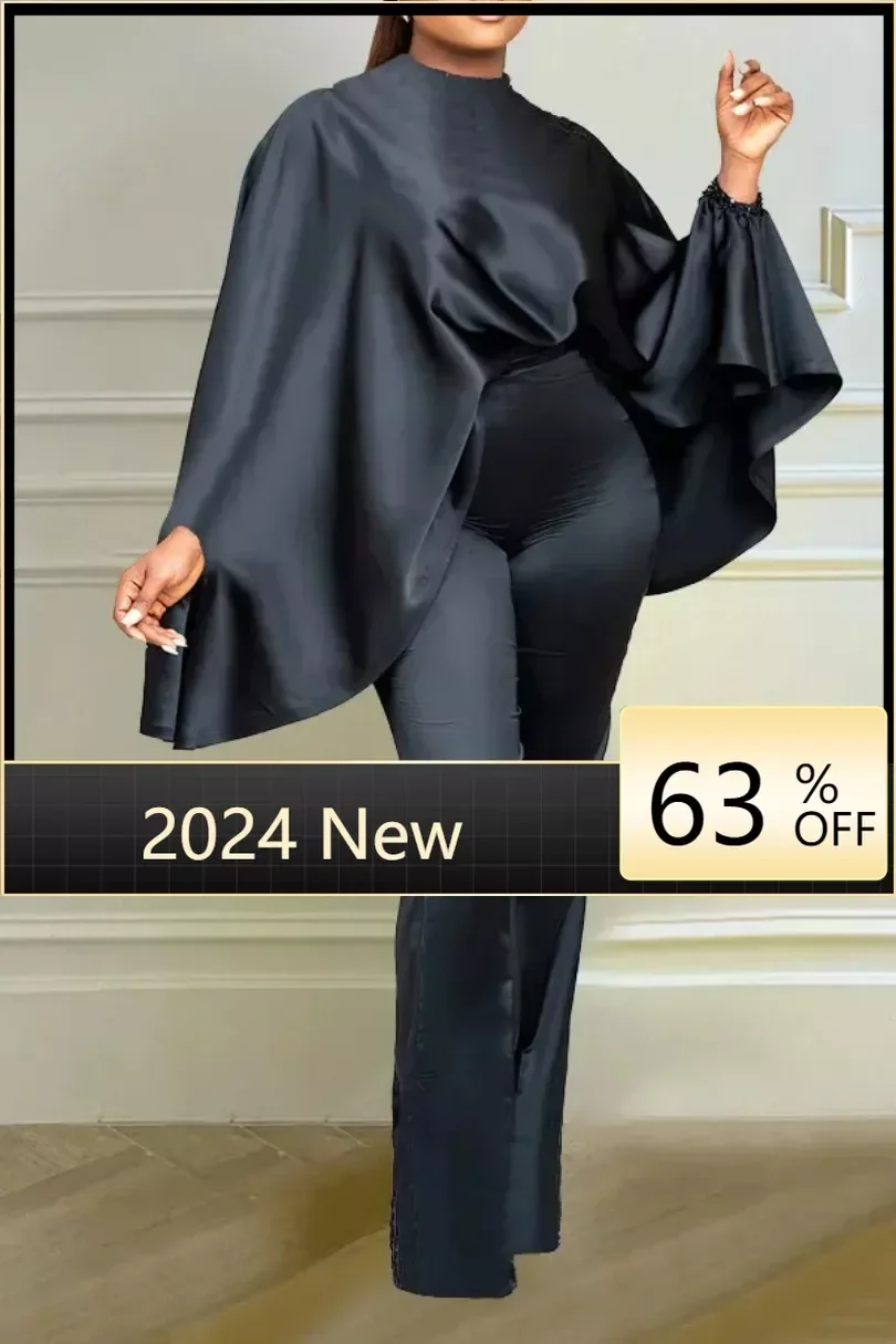 

Winter Fashion Satin Two Piece Set African Women Elegant Solid Loose Batwing Sleeves Top Wide Leg Pants Two Piece Set Women