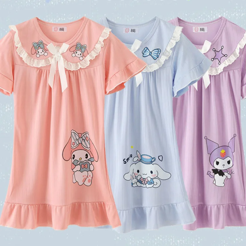 

Kawaii Sanrio Cinnamoroll Kuromi Children's Nightgowns Summer Anime My Melody New Cartoon Printing Girls Pajamas Homewear Gift