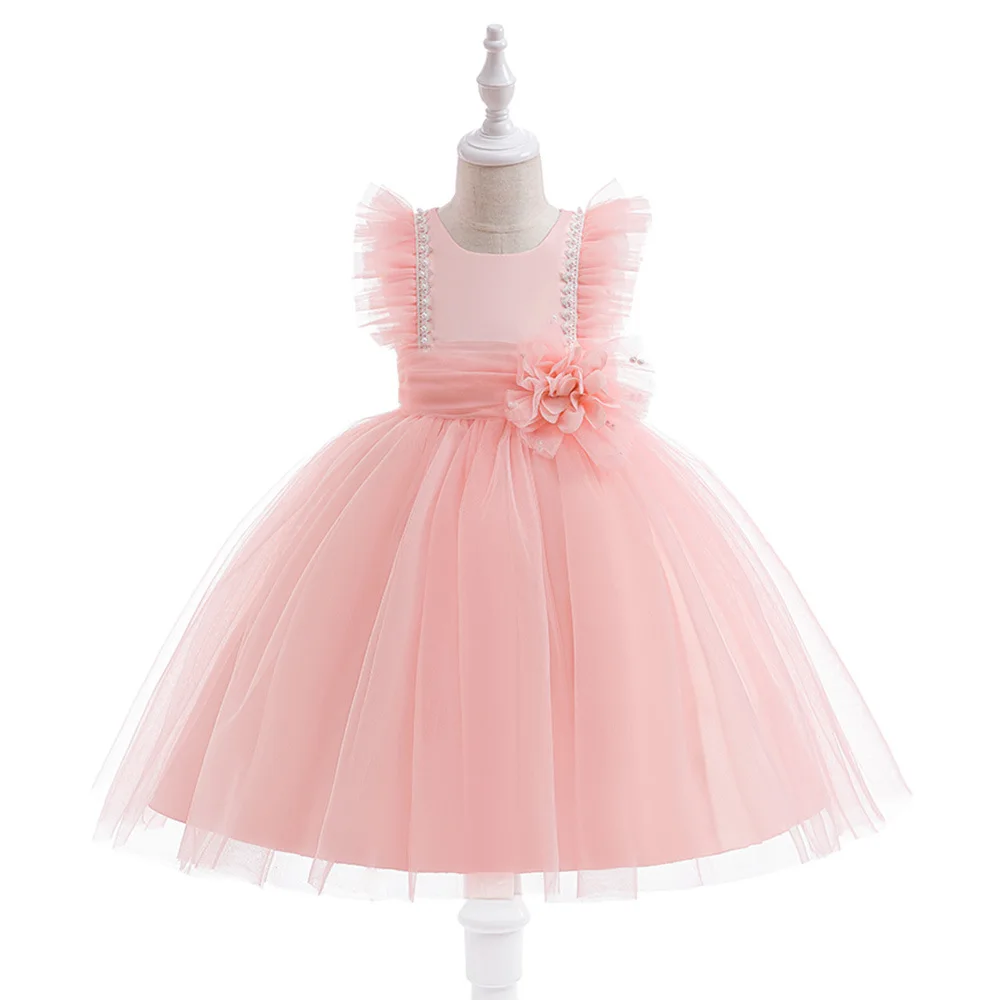 

Cap Sleeves Pink Kids Flower Girl Dresses For Wedding Princess Lace Pearls Pageant Holy Communion Birthday Party Gowns 2023