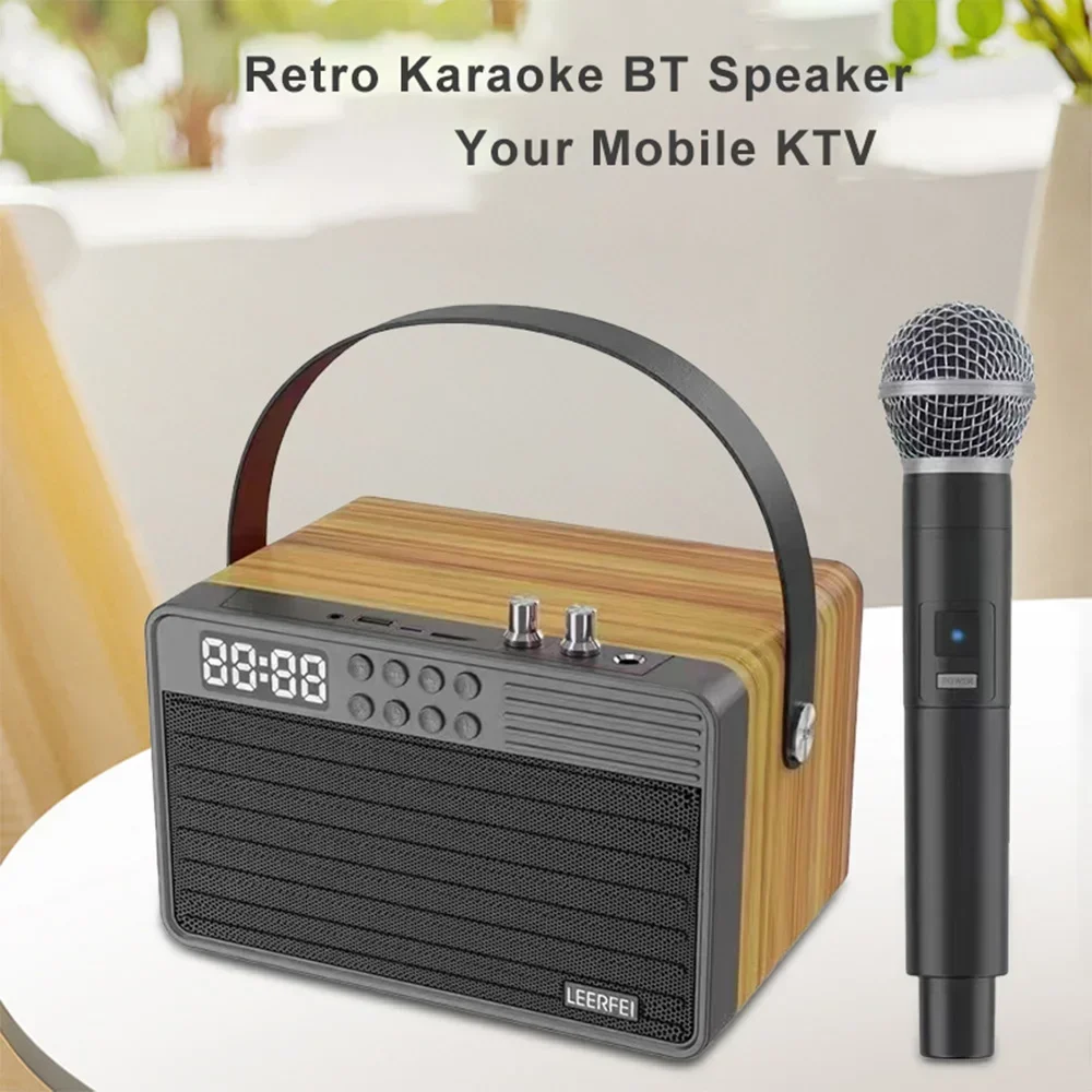 

Home Retro Bluetooth Speaker Dual Tweeters with Wireless Mic AUX TF Card FM Playback Family Audio Set Portable Karaoke Soundbox