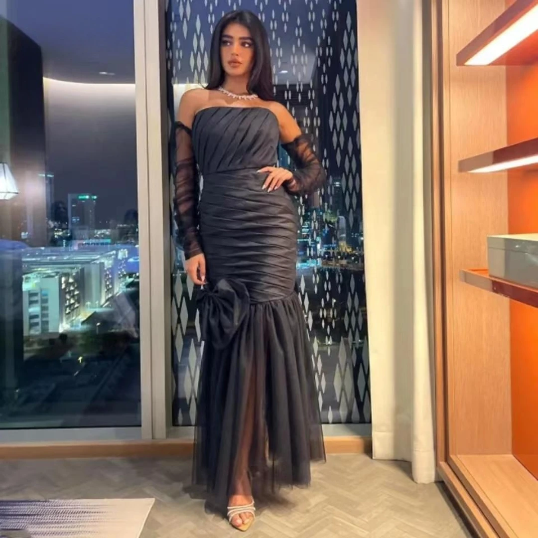 Santorini Black Mermaid Prom Dresses Detachable Long Sleeves Evening Party Gowns with Bow Ruched Vestidos Birthday Formal Dress
Santorini Black Mermaid Prom Dresses Detachable Long Sleeves Evening Party Gowns with Bow Ruched Vestidos Birthday Formal Dress