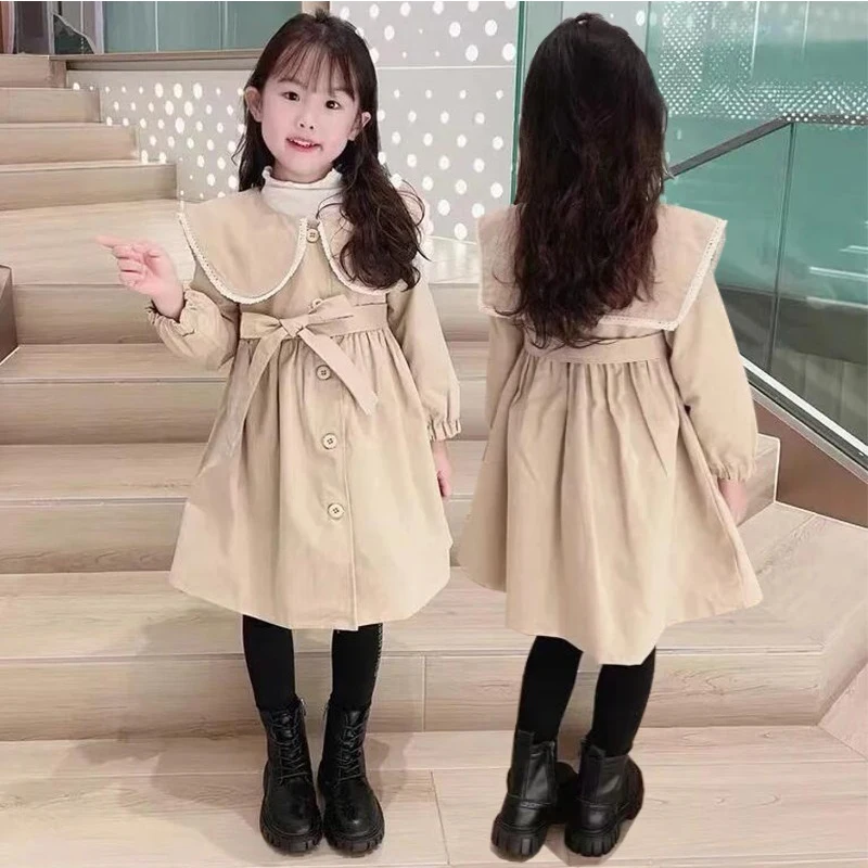 

Girls Long Trench Coat Fashion Jacket Cute Lace Turndown Collar Baby Kids England Style Windbreaker Casual Outer Clothing 1-8 Y