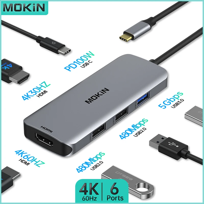 

Док-станция MOKiN 6 в 1 для MacBook Air/Pro, iPad, ноутбука Thunderbolt — совместимость с USB2.0, USB3.0, HDMI 4K60 Гц, PD 100 Вт