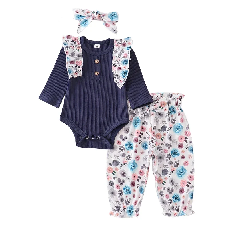 

Cute Newborn Baby Girl Clothes Sets Ruffle Blue Long Sleeved Floral Print Bow Pants Headband 3Pcs Toddler Infant Outfits 0-24M