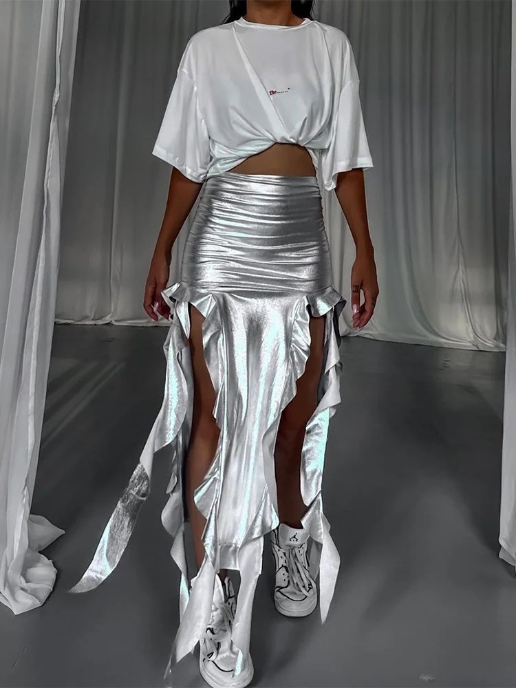 Zabrina Silvery Ruffled Long Skirts High Waist Reflective PU Side Split Bodycon Skirt High Street Fashion Slim Y2k Women Skirt
Zabrina Silvery Ruffled Long Skirts High Waist Reflective PU Side Split Bodycon Skirt High Street Fashion Slim Y2k Women Skirt