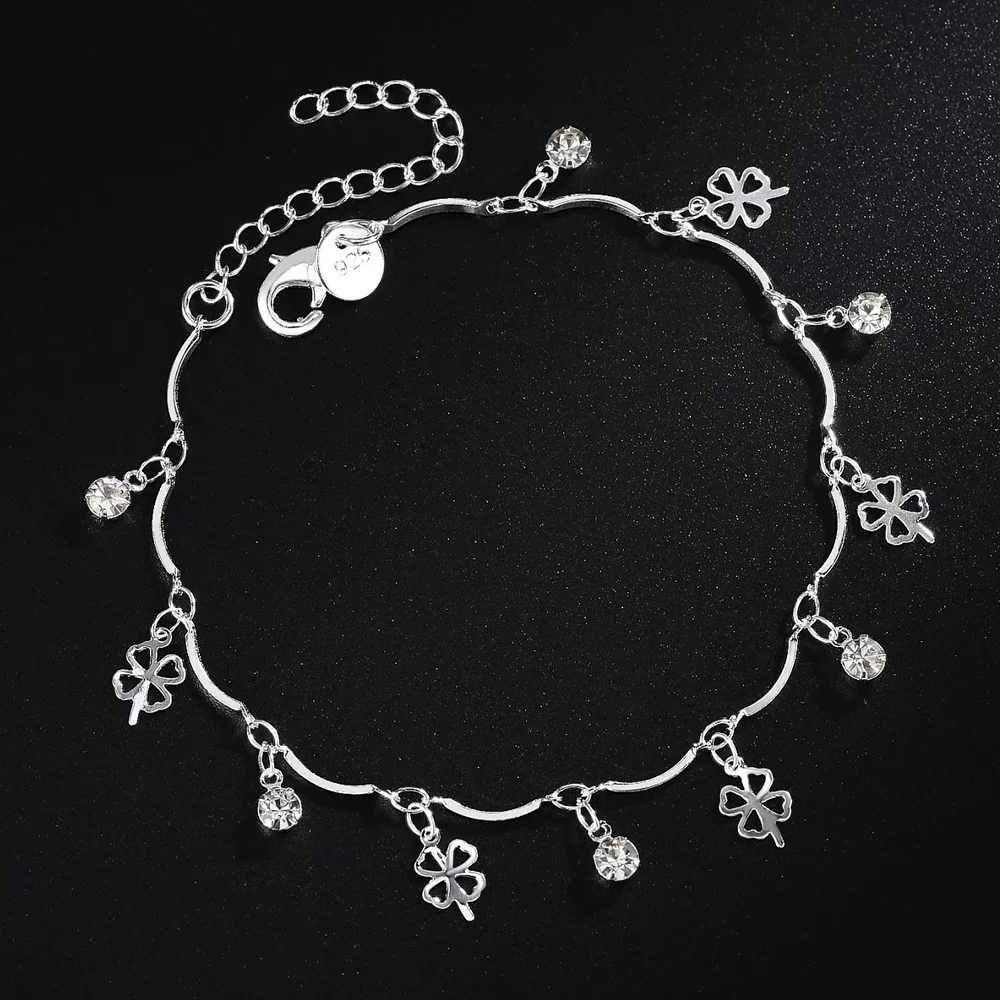 

Hot Pretty 925 Sterling Silver Lucky Clover Leaf Zircon Chain Bracelet for Women Fashion Wedding Party Holiday Gift Fine Jewelry