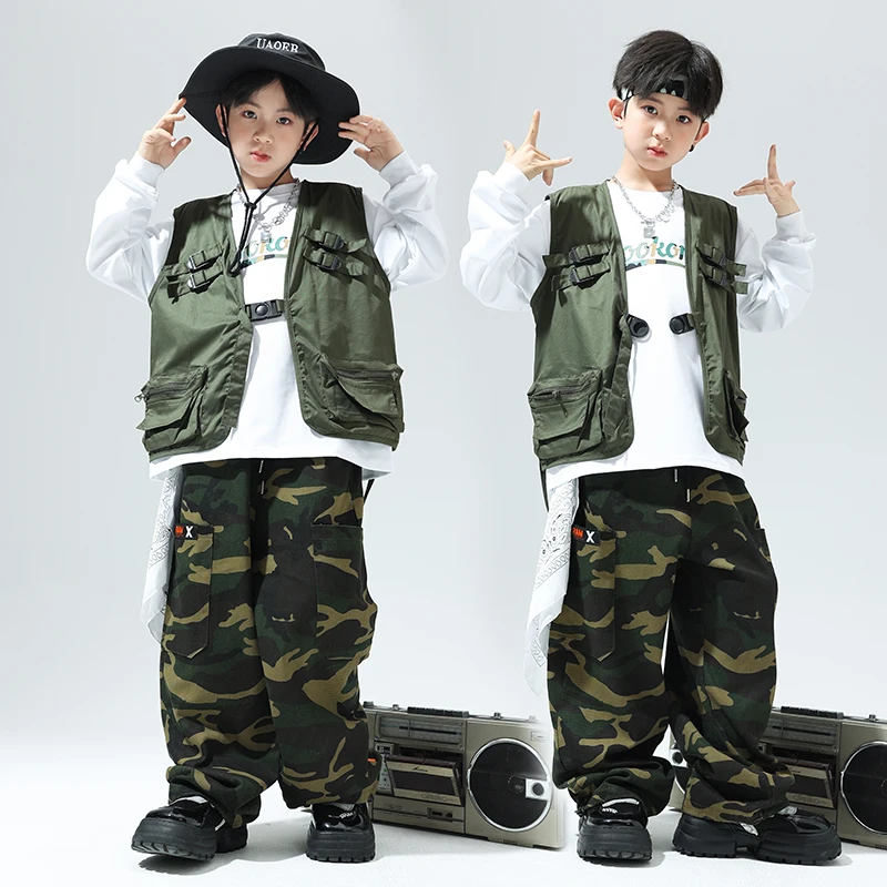 

Boys Hip Hop Costume Army Green Vest Camouflage Pants Kids Jazz Performance Suit Girls Rave Drum Street Dance Clothing BL11771