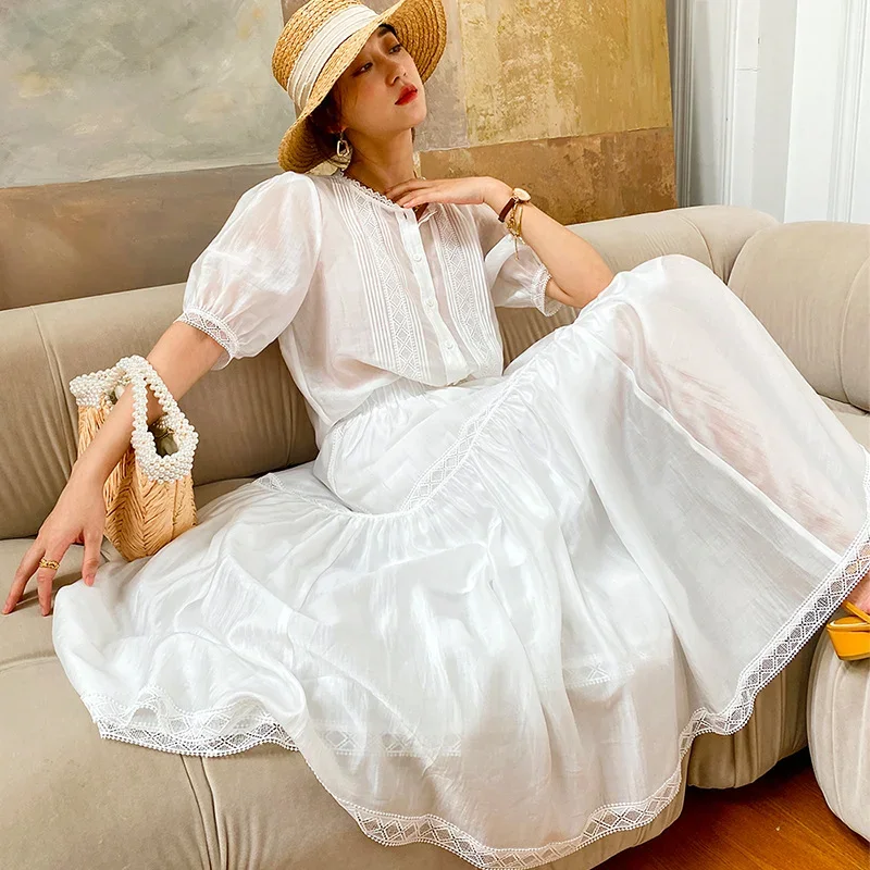 Summer White Blouses Women Skirts Suit Lyocell Shirts Elegant Fashion French Midi Skirt Sets Short Sleeves Stitching Skorts Tops
Summer White Blouses Women Skirts Suit Lyocell Shirts Elegant Fashion French Midi Skirt Sets Short Sleeves Stitching Skorts Tops