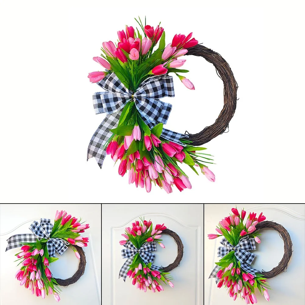 

Spring Artificial Tulip Wreath Front Door Wreath Door Hanging Decorative Wreath 35cm Artificial Flowers Festive Party Supplies