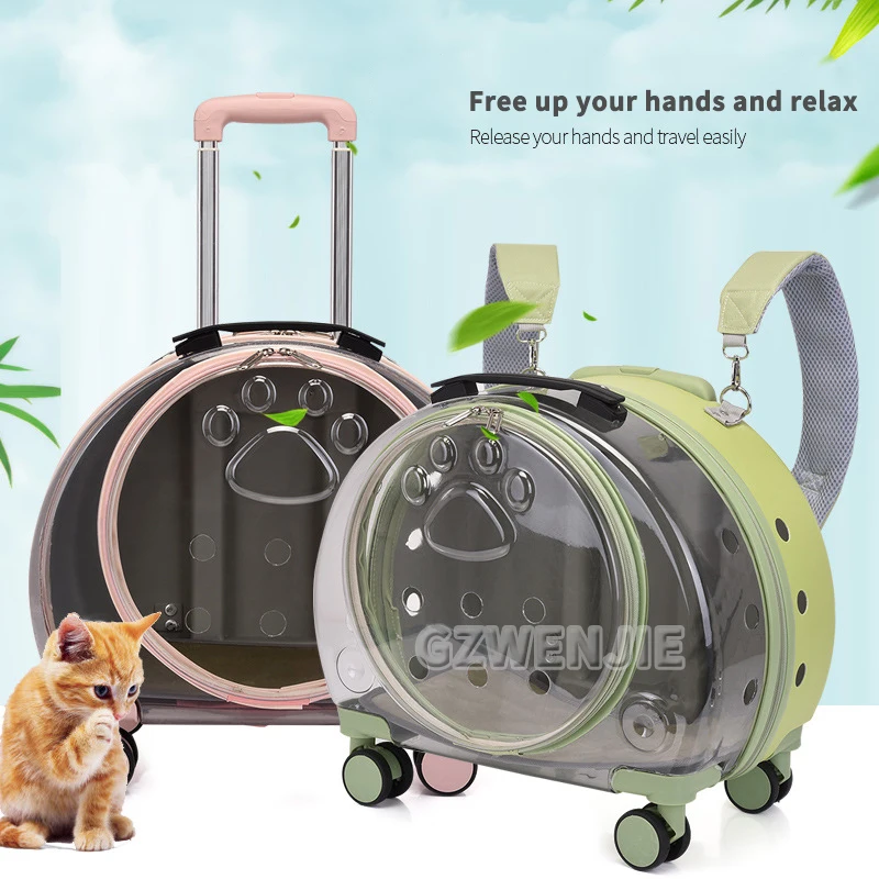 

Pet Cat Dog Trolley Suitcase Luggage with Wheels Carrying Transparent Suitcase Breathable Pet Dog Carrier Backpack Pet Stroller