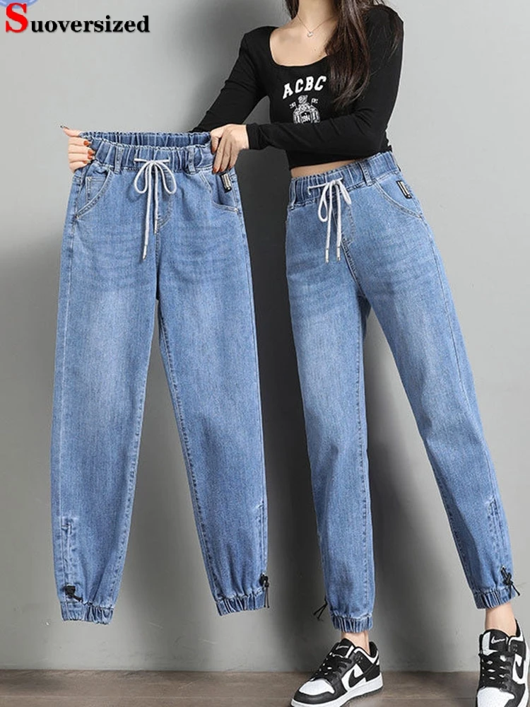 

Casual Ankle Length Harem Jeans Blue Jogger Denim Pants Baggy High Waist Strench Vaqueros Woman Lace Up Trendy Trousers Spodnie