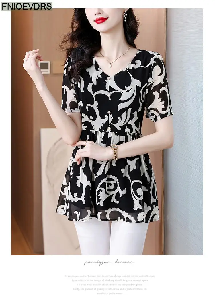 L-5XL Loose Clothes 2024 Women Summer Elegant Ruffles Button Shirts Retro Patchwork Black Floral Tunic Peplum Tops And Blouses L-5XL Loose Clothes 2024 Women Summer Elegant Ruffles Button Shirts Retro Patchwork Black Floral Tunic Peplum Tops And Blouses