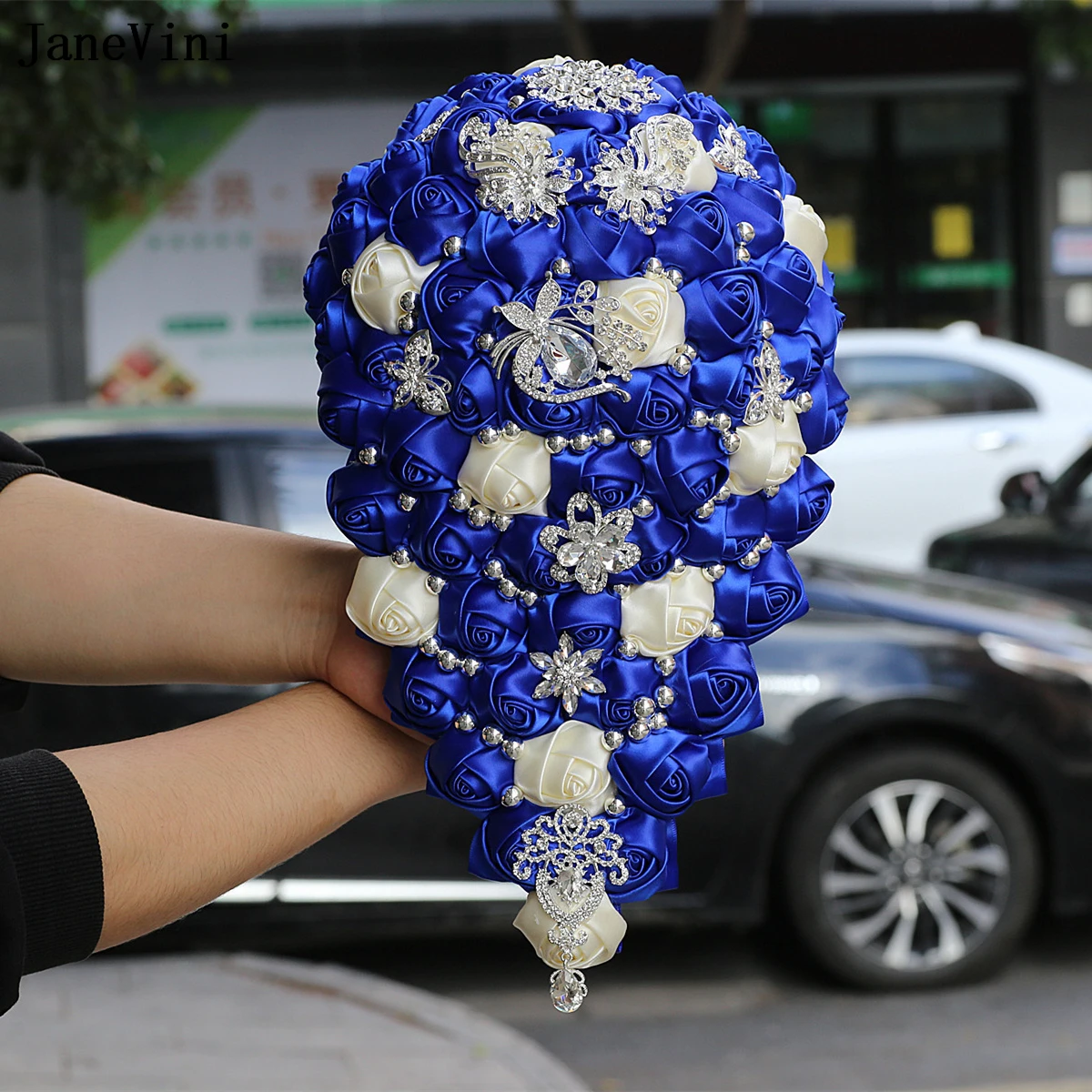 

Новые королевские синие каскадные цветы jaevini, свадебные букеты «Водопад», блестящие серебряные бриллиантовые розы, свадебная брошь, букет