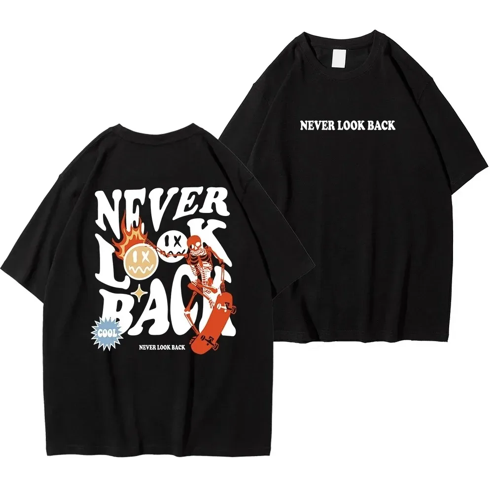 

Never Look Back Creative Smile Skull Printed T Shirt For Men Pure Cotton Vintage T-Shirt Round Neck Carto Tees Man Clothes