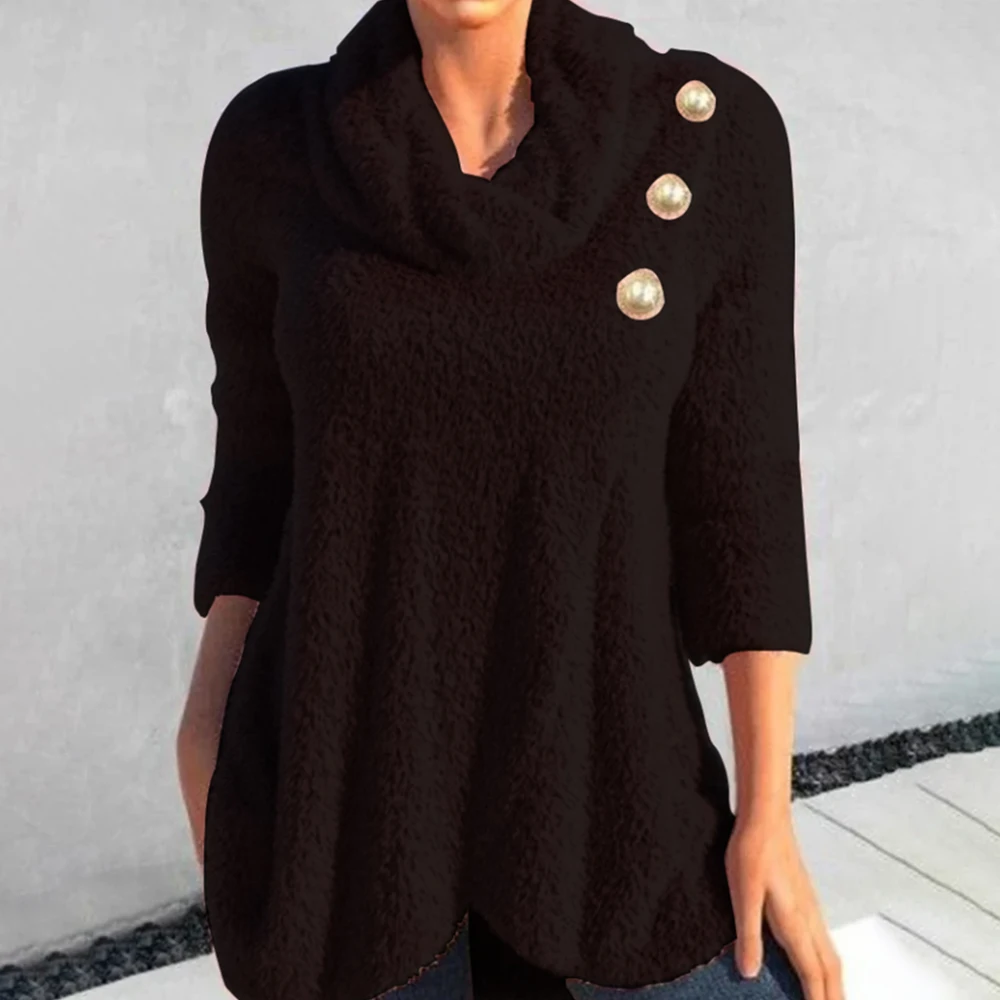 

Women Winter Cowl Neck Fluffy Button Jumper Pullover Ladies Long Sleeve Tunic Tops Clothing 2023