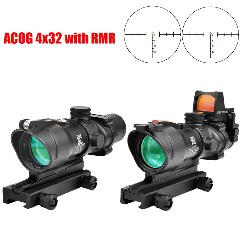 ACOG 4X32 With RMR Real Fiber Optics Red Green Dot Illuminated Chevron Glass Etched Reticle Tactical Optical Scope Hunting Sight
ACOG 4X32 With RMR Real Fiber Optics Red Green Dot Illuminated Chevron Glass Etched Reticle Tactical Optical Scope Hunting Sight