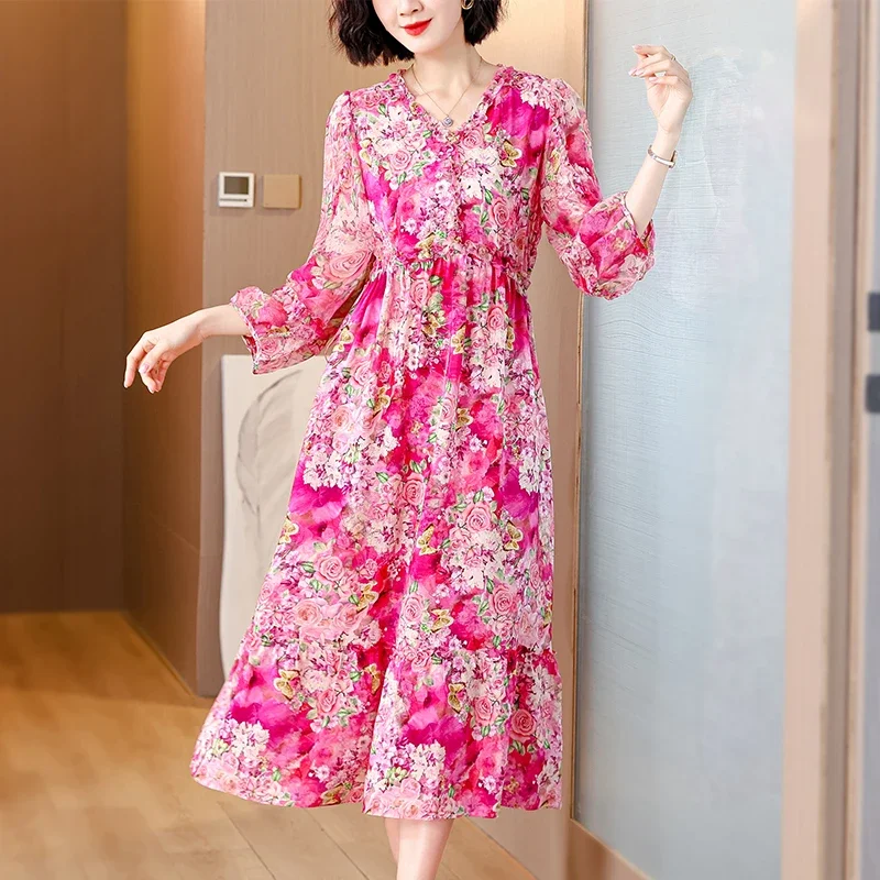 Spring Summer Floral Silk Ruffled V-Neck Midi Dress Women Fashion Light Casual Dress Korean Vintage Elegant Bodycon Dresses
Spring Summer Floral Silk Ruffled V-Neck Midi Dress Women Fashion Light Casual Dress Korean Vintage Elegant Bodycon Dresses