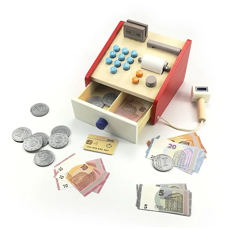 

New Wooden Simulation Montessori Cash Register Children's Play House Toys Pretend Role Play Cash Register Educational Toys Gifts