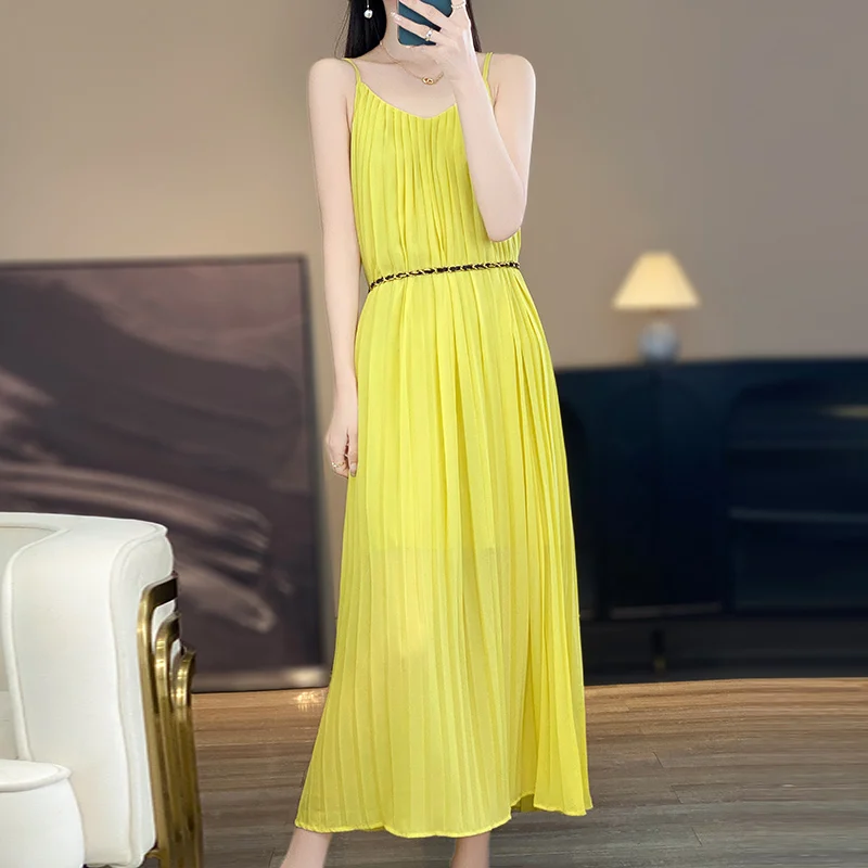 

Four Seasons Muze Spring And Summer New Design Feeling Loose Silk Acetate Satin Face Hundred Pleats Temperament Sling Dress