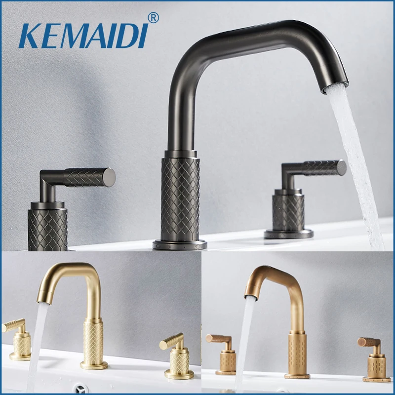 

KEMAIDI Brushed Gold Bathroom Faucet Dual Figure Knobs Widespread Vanity Basin Mixer Tap Bathtub Filler Faucets for Bath Sink