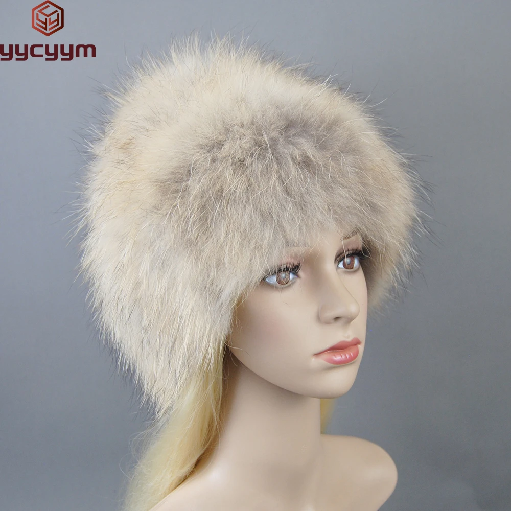 

Real Fox Fur Pompom Bomber Winter Hats Russian Female Ski Mask Natural Raccoon Fur Hat Knitted Skullies Beanies Fall Women's Cap