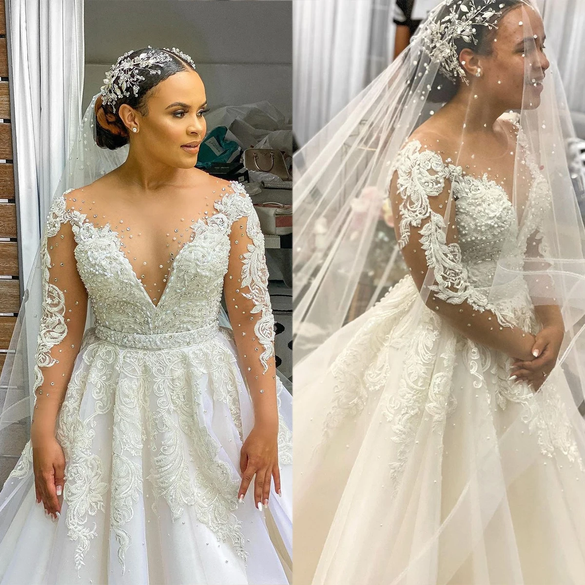 

Elegant Wedding Dress Sexy Sheer Neck 3D Flowers Pearls Bridal Gowns Custom Made Long Sleeve Plus Size Appliques Bride Robes